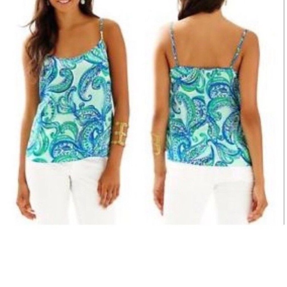 Lilly Pulitzer "Keep It Current" Silk Camisole Tank Top Paisley Green Blue XS